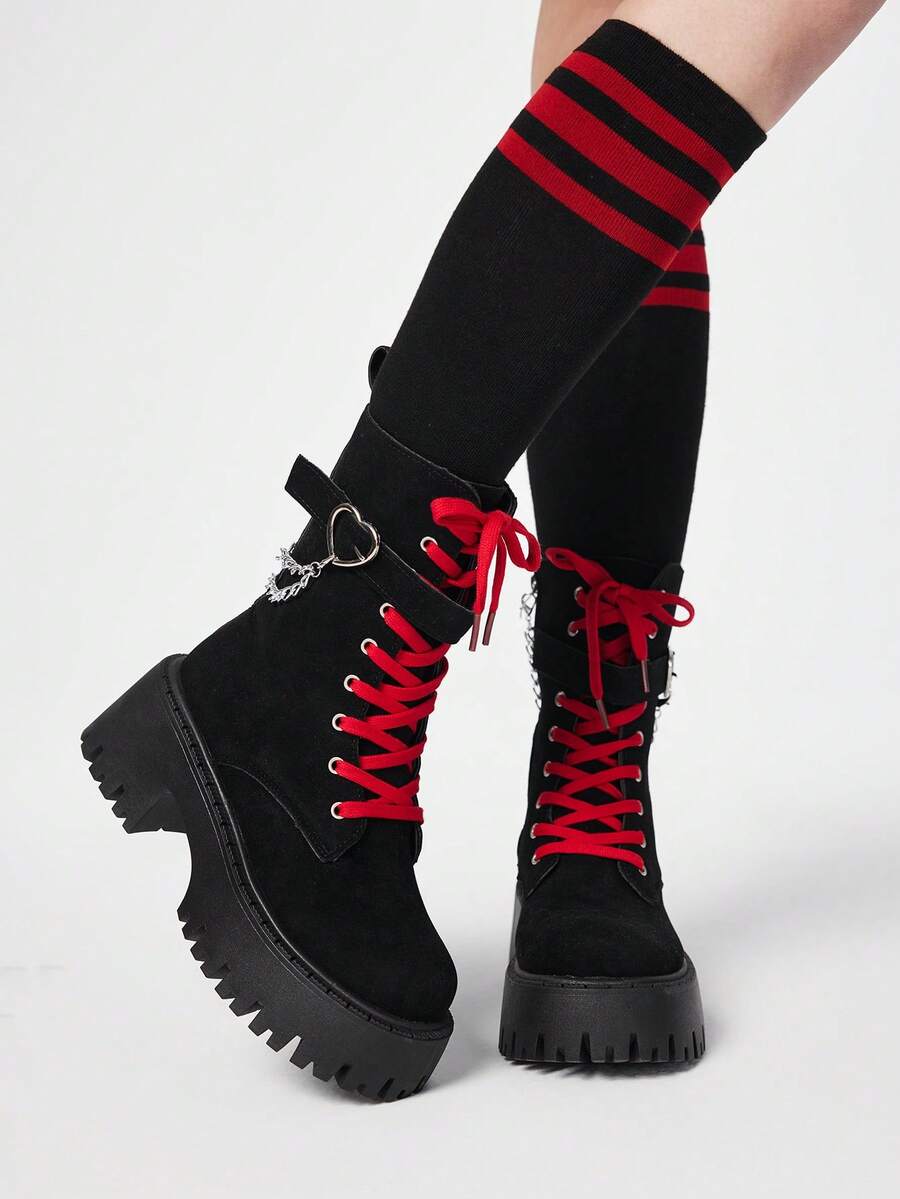 ROMWE Grunge Punk Giày bốt nữ phong cách rock punk goth buộc dây, bốt cổ ngắn đế dày, đế cao, thích hợp cho Giáng sinh và Ngày Valentine. - Màu đen - Xem 1