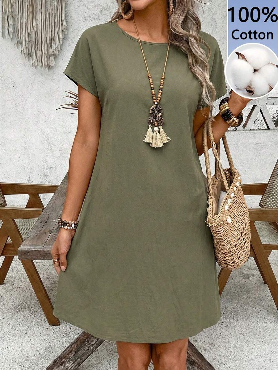 EMERY ROSE Casual Minimalist Cotton Blend Short Dress For Women, Spring/Summer Carnival,Casual - Army Green - View 1