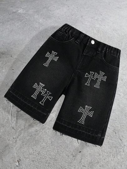 男童宽松黑色牛仔短裤，饰有闪亮十字架水钻