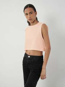 SHEIN BASICS 女士简约休闲纯色露脐背心，夏季百搭棉质露脐上衣，无袖露脐上衣，蜜桃色露脐上衣，粉色露脐上衣，女士上衣 - 粉色 - 查看 4