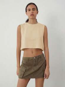 SHEIN BASICS 女士纯色无袖背心，简约百搭，夏季 - 杏色 - 查看 5