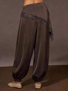 Athîral Women's Casual 2 In 1 Solid Color Lace Patchwork Lantern Pants - Brown - View 2