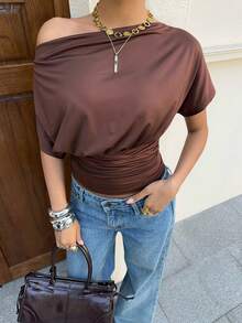 Siren Gaze Women's Off Shoulder Short Sleeve Top, Open Shoulder One-Piece T-Shirt, Versatile Wear - Brown - View 1