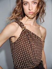 Lumivelle Valentine's Day Chiffon Polka Dot Pattern Metal Button Oblique Shoulder Pleated Open Back A-Line Hem Vacation Elegant Sexy Luxurious Minimalist Spring/Summer Women Camisole Polka Dot Top Brown Polka Dot Top One Shoulder Top One Shoulder Blouse Brown Top Party Top - Coffee Brown - View 7