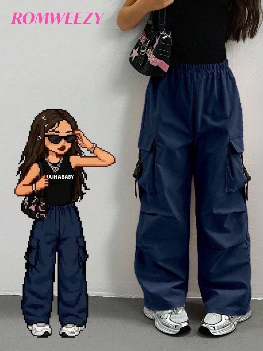 Sparklyn Quần cargo thường ngày cho bé gái tuổi teen với túi nắp - Xanh đậm - Xem 1