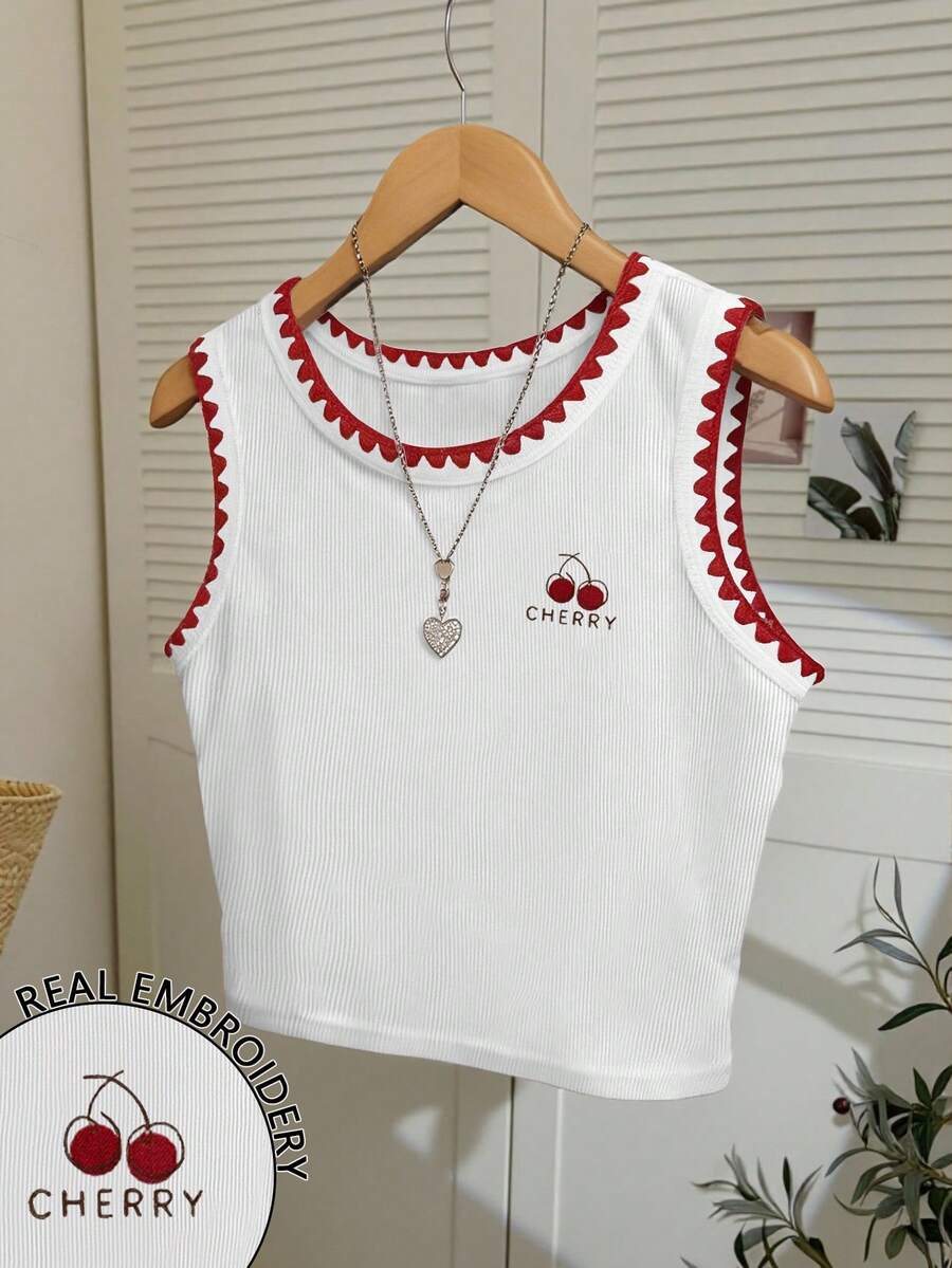Resyla Women's Letter & Cherry Embroidered Camisole, Fashionable Shell Trim Cropped Tank Top - White - View 1