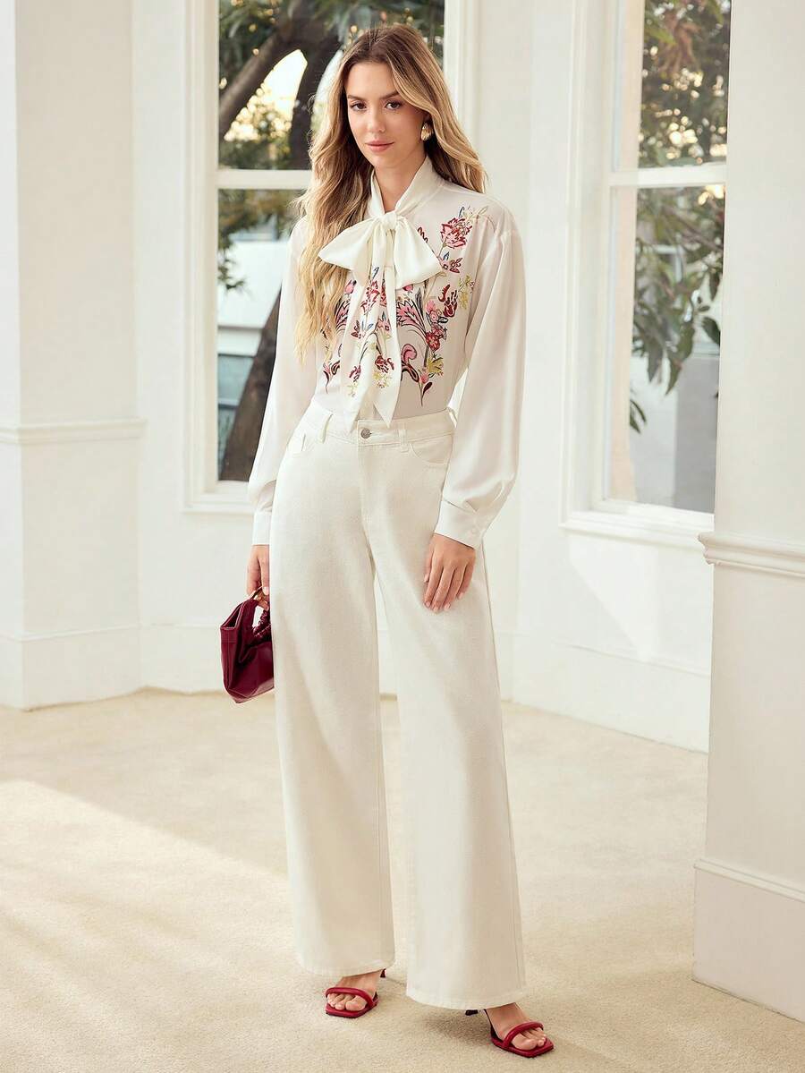 MOTF PREMIUM WOMEN'S FLORAL PRINTED LONG SLEEVE BLOUSE, SPRING/SUMMER - White - View 1