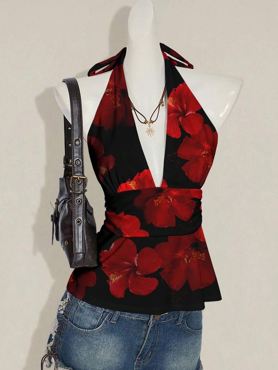 SHEIN ICON 女款休閒掛脖露背背心上衣,花卉印花,適合度假、夏季、海灘穿著、假期、春季女裝,紅色 - 彩色 - 查看 1