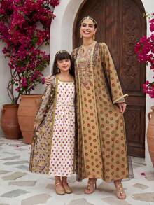 Al Najma Vestido árabe holgado con estampado floral, cuello con muesca y mangas acampanadas de malla, estilo modesto de vacaciones - Amarillo - Ver 9