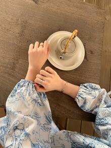 FRIFUL 女士印花蓝色褶皱喇叭袖宽松休闲连衣裙，婚礼宾客礼服，女士吊带裙 - 藍色 - 查看 6