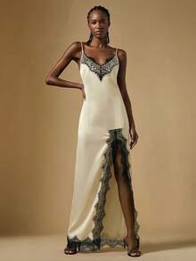 Briarwyn Women's Cold-Shoulder Spaghetti Strap Black Lace Patchwork High Slit Hem Dress - Ivory White - View 2