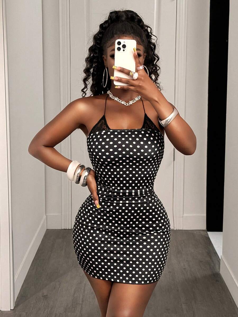 BamGleam Black Polka Dot Lace Spaghetti Strap Mini Dress, Sexy Strapless Tie-Up Bodycon Dress For Women, Summer Vacation Boho Sexy Plain Plaid Striped Casual - Black - View 1