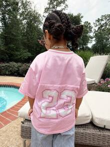 SHEIN 女童宽松版型数字67印花T恤，休闲时尚，百搭，适合派对、郊游、与朋友拍照、公园、露营、度假、日常穿着。 - 粉色 - 查看 5