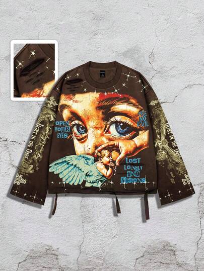 Street Life قميص رجالي بياقة طاقم وأكمام طويلة بطبعة قديمة مهترئة للشارع، للموسم الخريفي