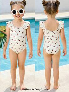 SHEIN 奶油白，复古甜美可爱樱桃印花，BM风格，海岛度假风，少女春夏甜美清爽休闲可爱卡通草莓印花荷叶袖连体泳衣，度假，海滩，沙滩装，度假风，度假穿搭，复古风 - 彩色 - 查看 5