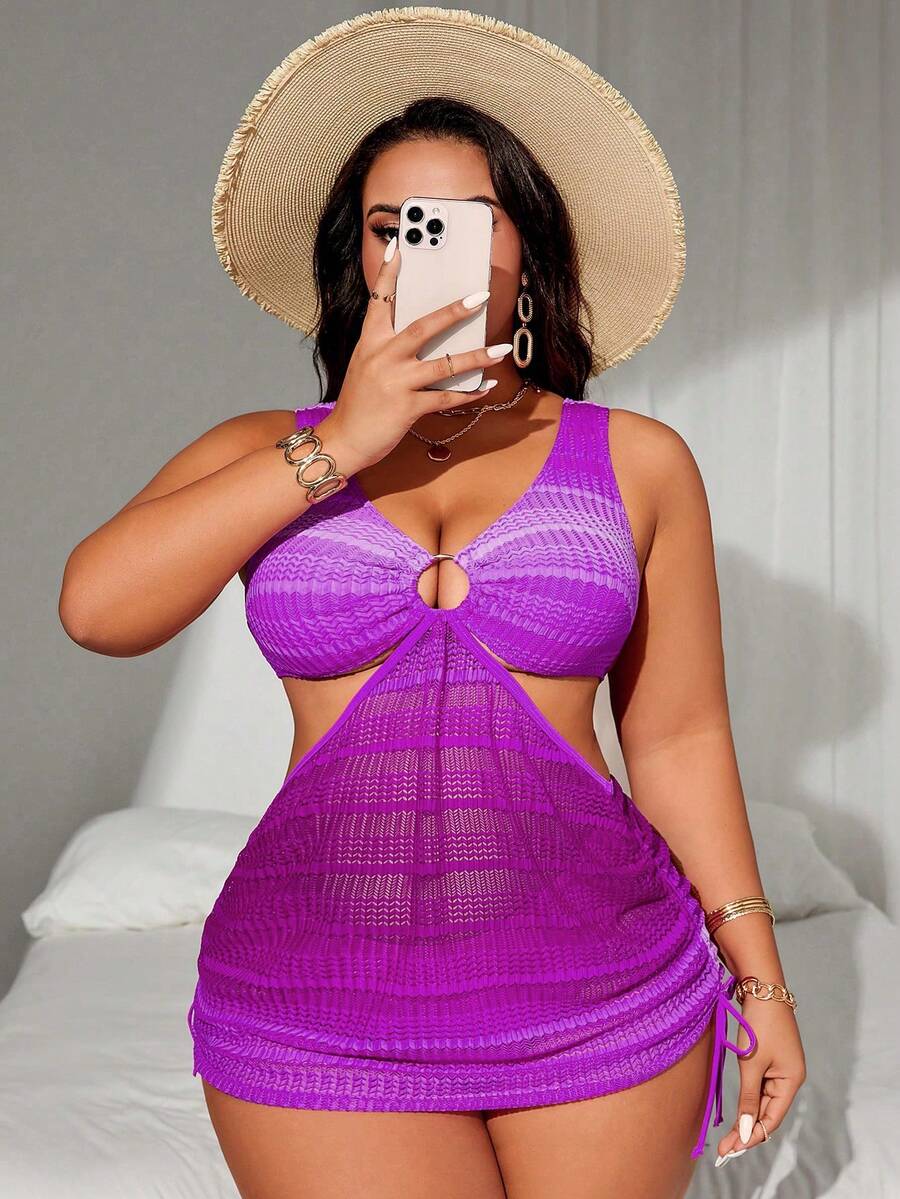 Swim SXY Conjunto de traje de baño de 2 piezas con efecto degradado, escote halter, cintura con cordón y abertura para mujer talla grande - Morado - Ver 1