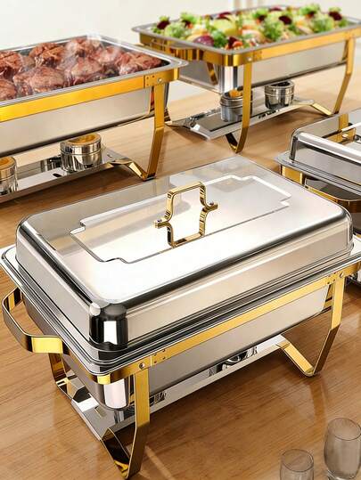 1-2-4 Piece 8 Quart Full-Size Hot Pot Buffet Set, Stainless Steel Food Serving Kit With Lid, Food Tray, Water Tray And Fuel Rack, Suitable For Restaurant Catering Parties Weddings