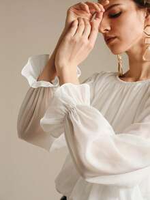 Arave Women's Knitted Contrast Lace Round Neck Puff Sleeve Cuff Tassel Floral Unique Design Casual Sexy Vacation Party Bodysuit White Blouse - White - View 4