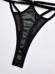 2pcs Women's Sexy Black PU Leather Wireless Bra And Thong Panty Set - Black - View 3