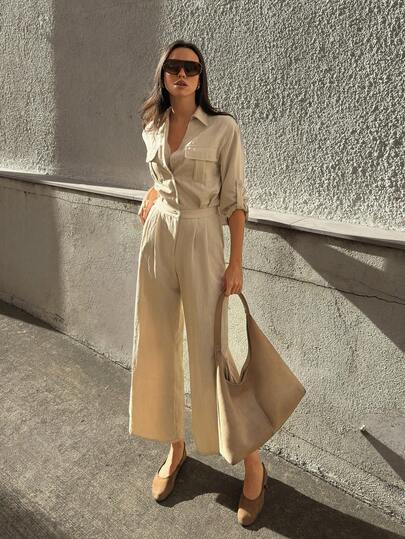 Livesso 女士纯色翻领纽扣休闲连体裤，阔腿长袖