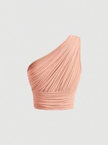 SHEIN MOD 单肩褶皱粉色修身露脐上衣 - 淺粉色 - 查看 2