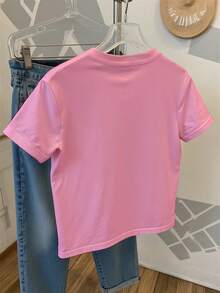 休闲简约蝴蝶结水钻图案修身短袖圆领T恤，适合少女、女士穿着，时尚舒适，适合春、夏、秋季穿着。 - 粉色 - 查看 3
