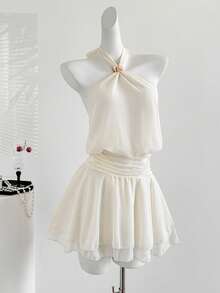 Sweetra Elegant Metal Buckle Criss-Cross Tie Waist Ruched Asymmetric Hem Romantic French Style Spring Fashion New Women Dress - Apricot - View 1