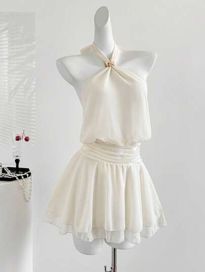 Sweetra 优雅金属扣交叉系带腰部褶皱不对称下摆浪漫法式春季新款女装