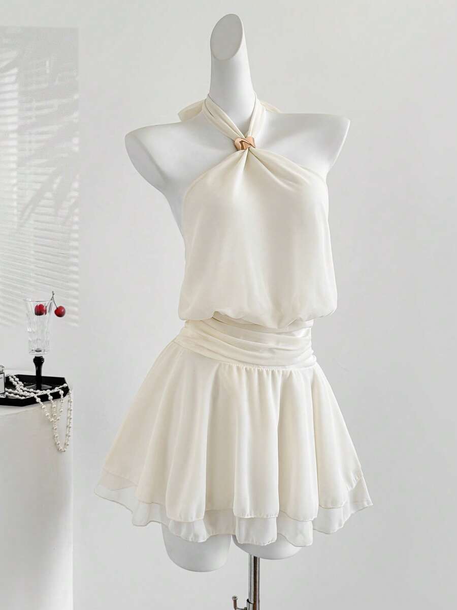 Sweetra Elegant Metal Buckle Criss-Cross Tie Waist Ruched Asymmetric Hem Romantic French Style Spring Fashion New Women Dress - Apricot - View 1