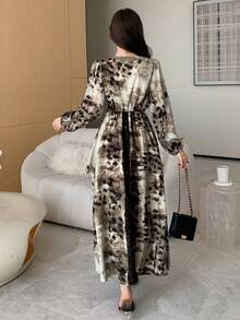 DAZY Women's Tie-Dye Overlap V-Neck Lantern Sleeve Elegant Mid-Length Dress - Multicolor - View 3