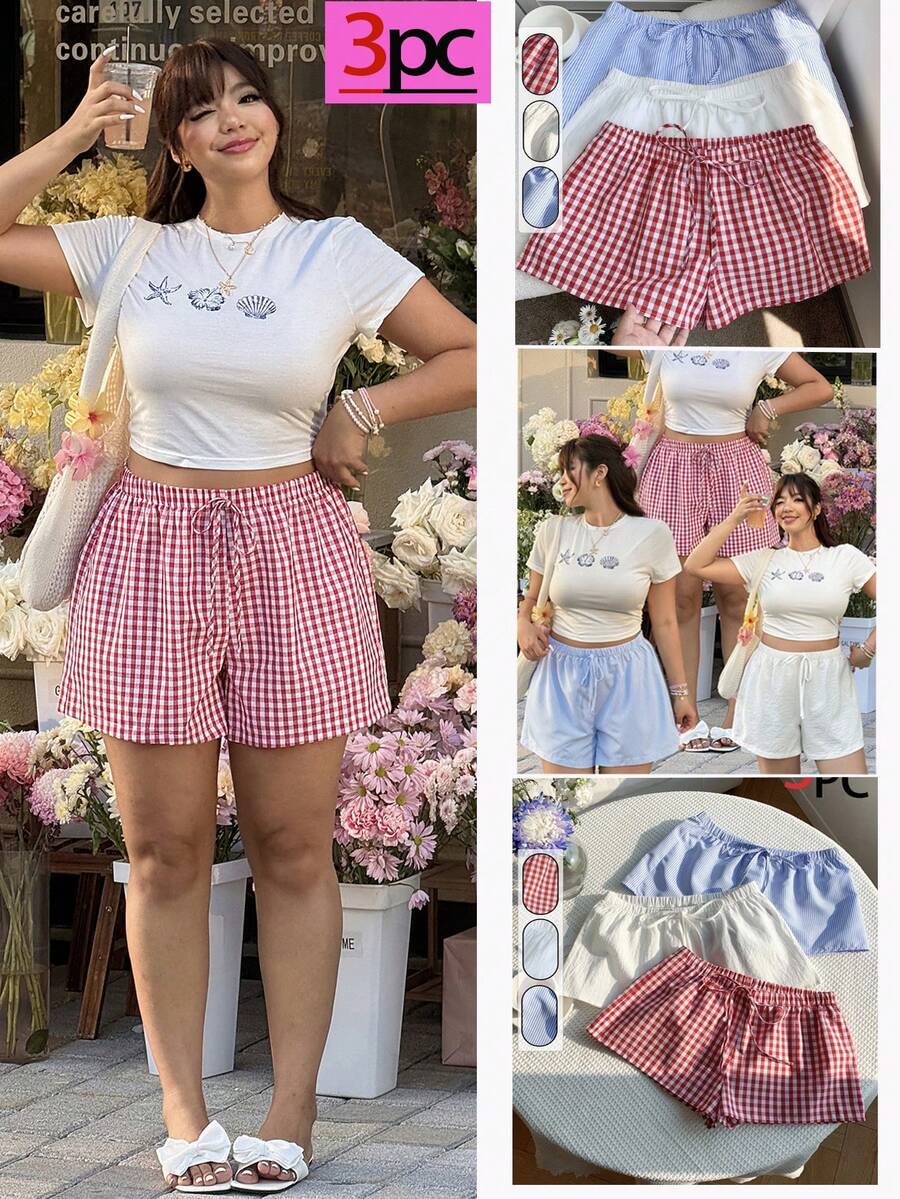 SHEIN EZwear Plus Size Women Waist Tie Plaid Loose Casual Shorts