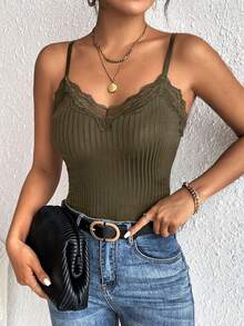 SHEIN Frenchy Contrast Lace Trim Cami V Neck Grain Fabric Top - Army Green - View 1