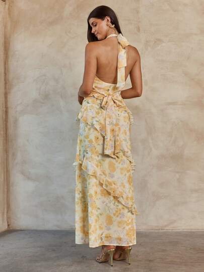 Enchnt Spring/Summer Women's Elegant Floral Print Ruffle Neck Sleeveless Dress,Floral Dress ,Formal Dress,Elegant Dresses For Women ,Beach Dress,Wedding Party Dress