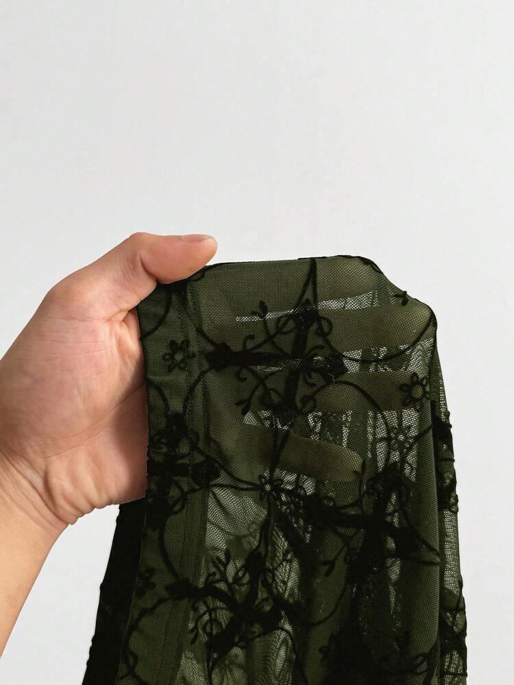 SHEIN Unity 女士黑色透视网眼朋克植绒打底裤 - 軍綠色 - 查看 7