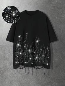 ROMWE MEN Men's Casual Loose Fit Black T-Shirt With Rhinestone Flame Pattern, Suitable For Daily Commute And Street Style, Summer - Black - View 1