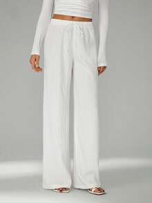 SHEIN Tall Loose Drawstring Waist Trousers In Textured Crinkle Fabric White Wide Leg Pants Women White Linen Pants Women - White - View 9