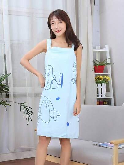 1pc Wearable Bath Towel Robe, Absorbent & Non-Shedding, Women Stylish Sexy Spaghetti Strap Beach Dress, Women Wrap-Around Cartoon Rabbit Heart Print Bath Dress, Convenient For Home, Travel, Hotel Summer Wedding Home Bathroom Decor Back To School