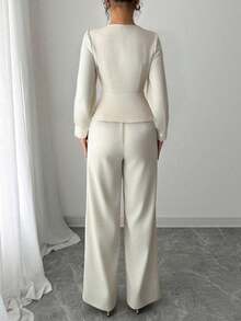 Elenzga Conjunto de 2 piezas elegante bordado para mujer, otoño/invierno - Albaricoque - Ver 2
