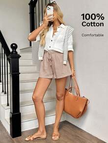 Easowa Shorts de mujer de algodón cómodos y con cintura elástica, adecuados para el ocio diario y el estilo retro, shorts de verano cómodos para mujeres, shorts de verano cómodos, shorts casuales para mujeres, shorts para cubrir - Camel - Ver 5