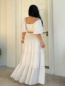 Sunnyshic Damen Große Größen Set aus Crop Top mit Puffärmeln und Rock Einfarbig, elegantes Urlaubsoutfit 2 Stücke - Aprikosenfarben - Übersicht 2