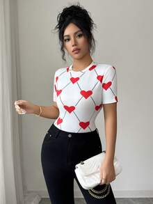 Elenzga Áo thun ngắn tay ôm dáng in hình trái tim dành cho nữ, kiểu dáng thường ngày, thích hợp cho mùa hè. - trắng - Xem 4