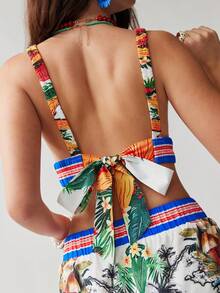 Soleia Spring/Summer New Casual Vacation Western Beach Wedding Guest Attire Graduation Brunch Women's Outfit, St. Patrick's Day Spring Break Easter Music Festival Elegant Boho Tropical Floral Print Backless Tie Strap 2-Piece Set - Multicolor - View 6