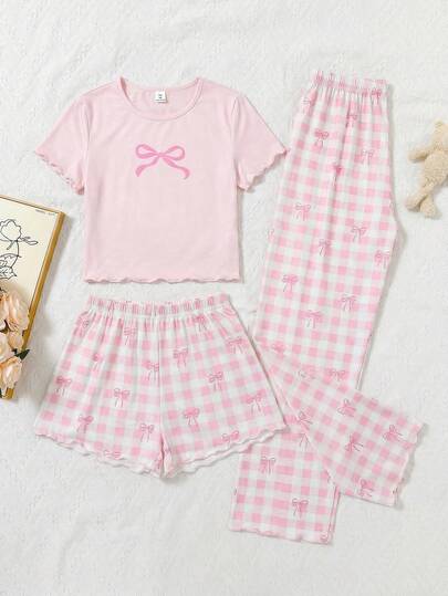 SHEIN Conjunto de pijama informal de 3 piezas para niñas/adolescentes con camiseta de manga corta con cuello redondo y gráfico de oso lindo + pantalones/pantalones cortos con lazo