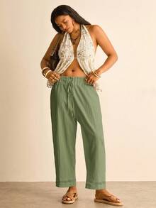 Freevana Pantalones casuales de pierna recta con lazo en la cintura para mujer de talla grande - Verde - Ver 3