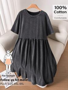 CosyJoli 大码女式雪花印花休闲T恤裙，可爱娃娃裙，舒适休闲连衣裙 - 黑色 - 查看 3