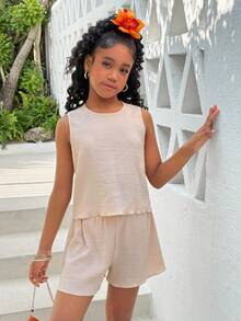 少女杏色休闲日常圆领纹理面料蝴蝶结露背吊带背心和短裤两件套 - 杏色 - 查看 2