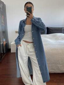 Livesso 复古水洗原色中长直筒牛仔连衣裙，宽松休闲商务办公装，适合秋、冬、春季穿着。 - 中等水洗藍 - 查看 6