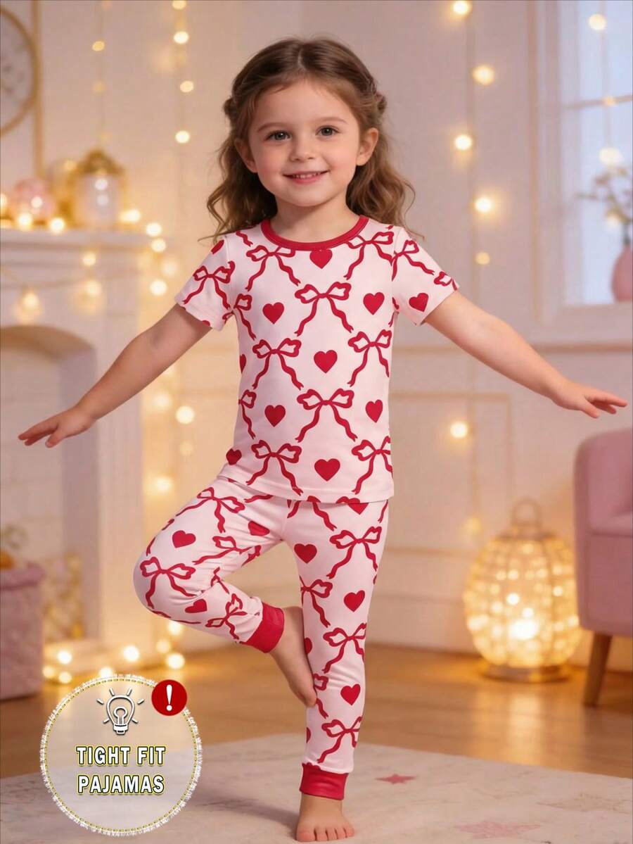 Young Girls Pajamas-2 Piece Pajama Set Spring To Summer Snug Fit Tight Fit Pajamas Heart Print - Pink - View 1