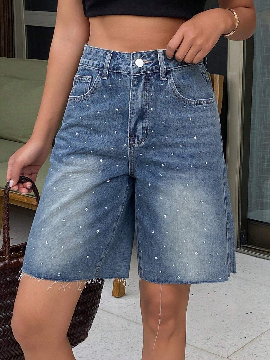 DAZY 女士常规款中腰毛边水钻装饰休闲牛仔短裤 - 中等水洗藍 - 查看 1