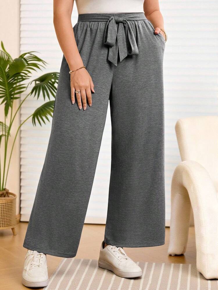 Plus Size Dark Grey Knitted Straight Leg Pants With Pockets Casual And Comfortable Long Trousers For Women